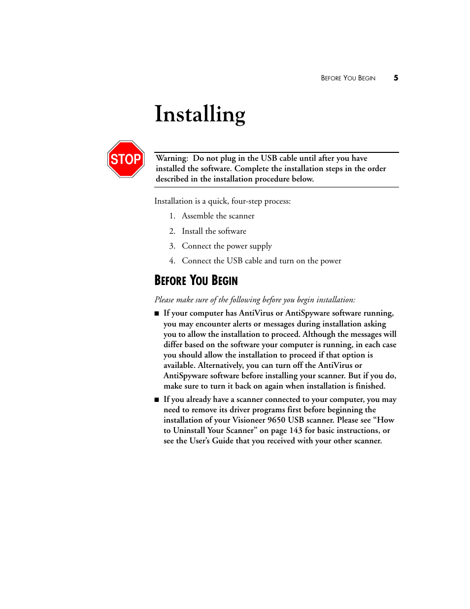 Installing, Before you begin, Efore | Egin | Visioneer 9650 User Manual | Page 12 / 158