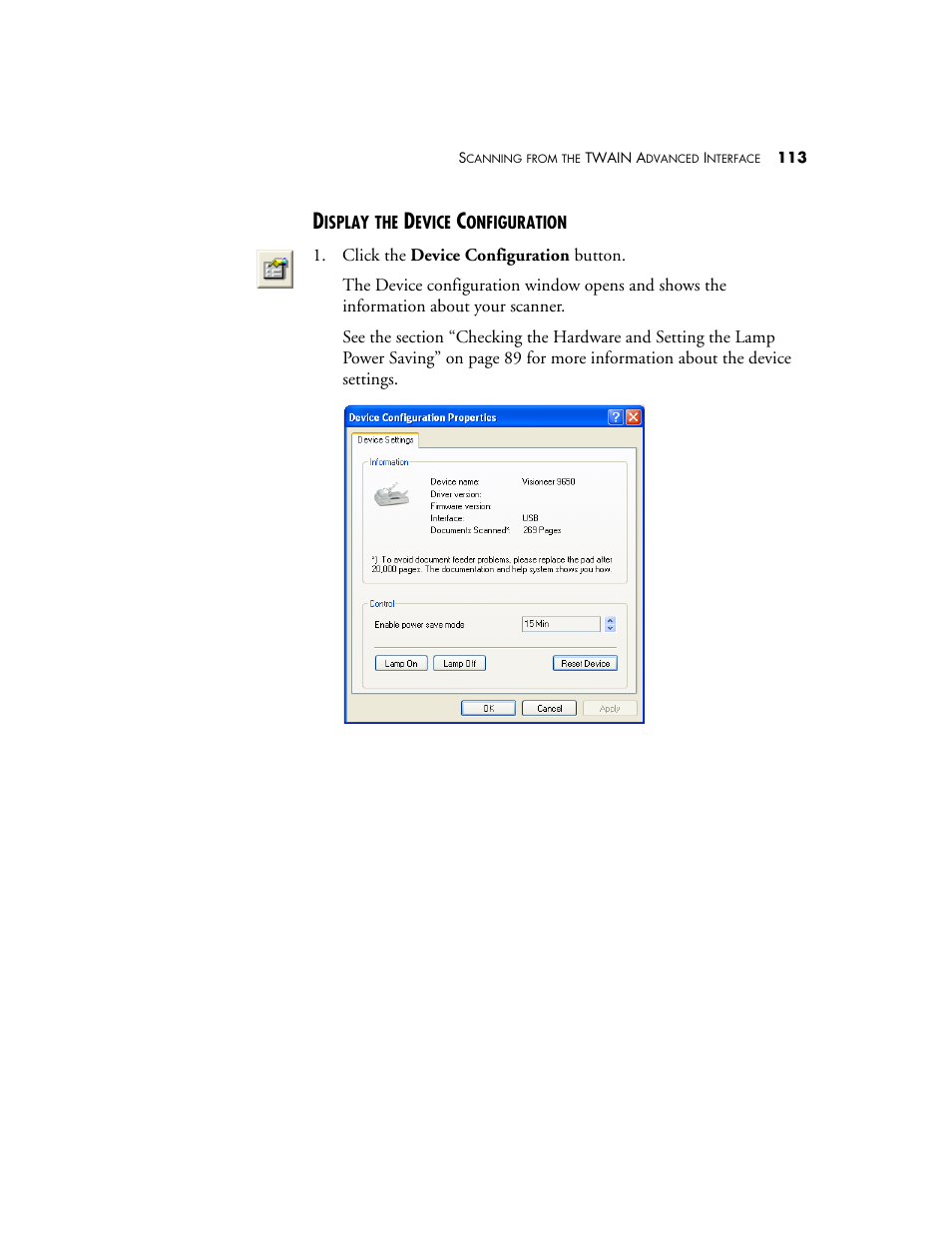 Display the device configuration | Visioneer 9650 User Manual | Page 120 / 158