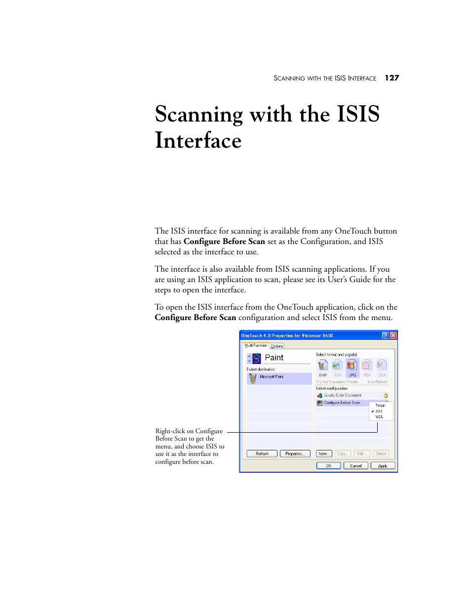 Scanning with the isis interface, Isis i | Visioneer 9650 User Manual | Page 134 / 158