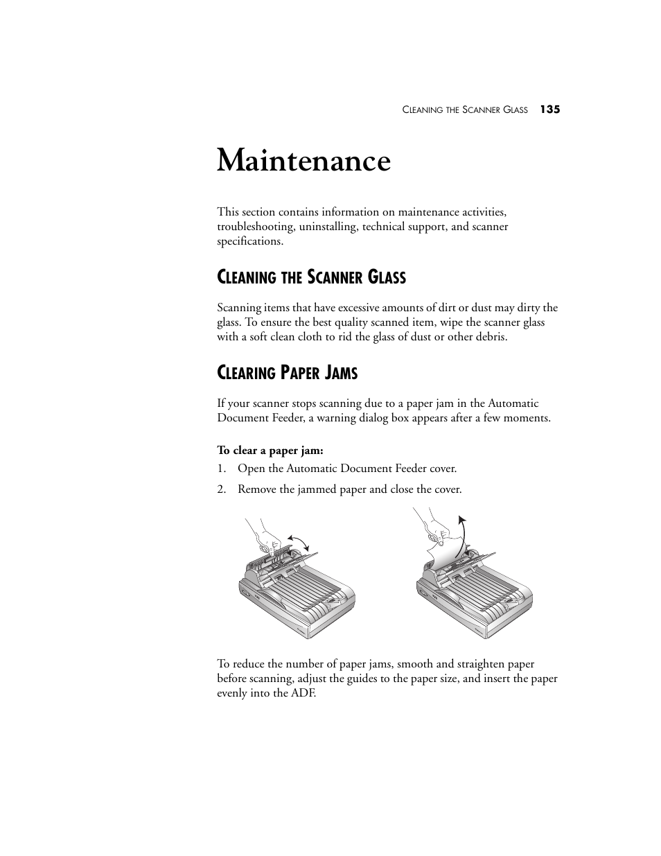 Maintenance, Cleaning the scanner glass, Clearing paper jams | Cleaning the scanner glass clearing paper jams | Visioneer 9650 User Manual | Page 142 / 158