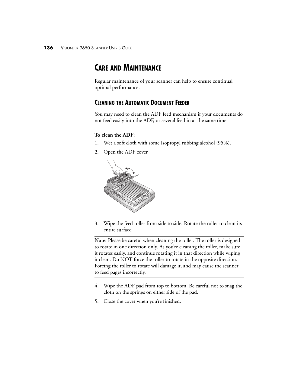 Care and maintenance, Cleaning the automatic document feeder, Aintenance | Visioneer 9650 User Manual | Page 143 / 158