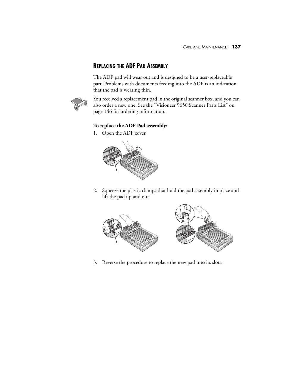 Replacing the adf pad assembly, Adf p | Visioneer 9650 User Manual | Page 144 / 158
