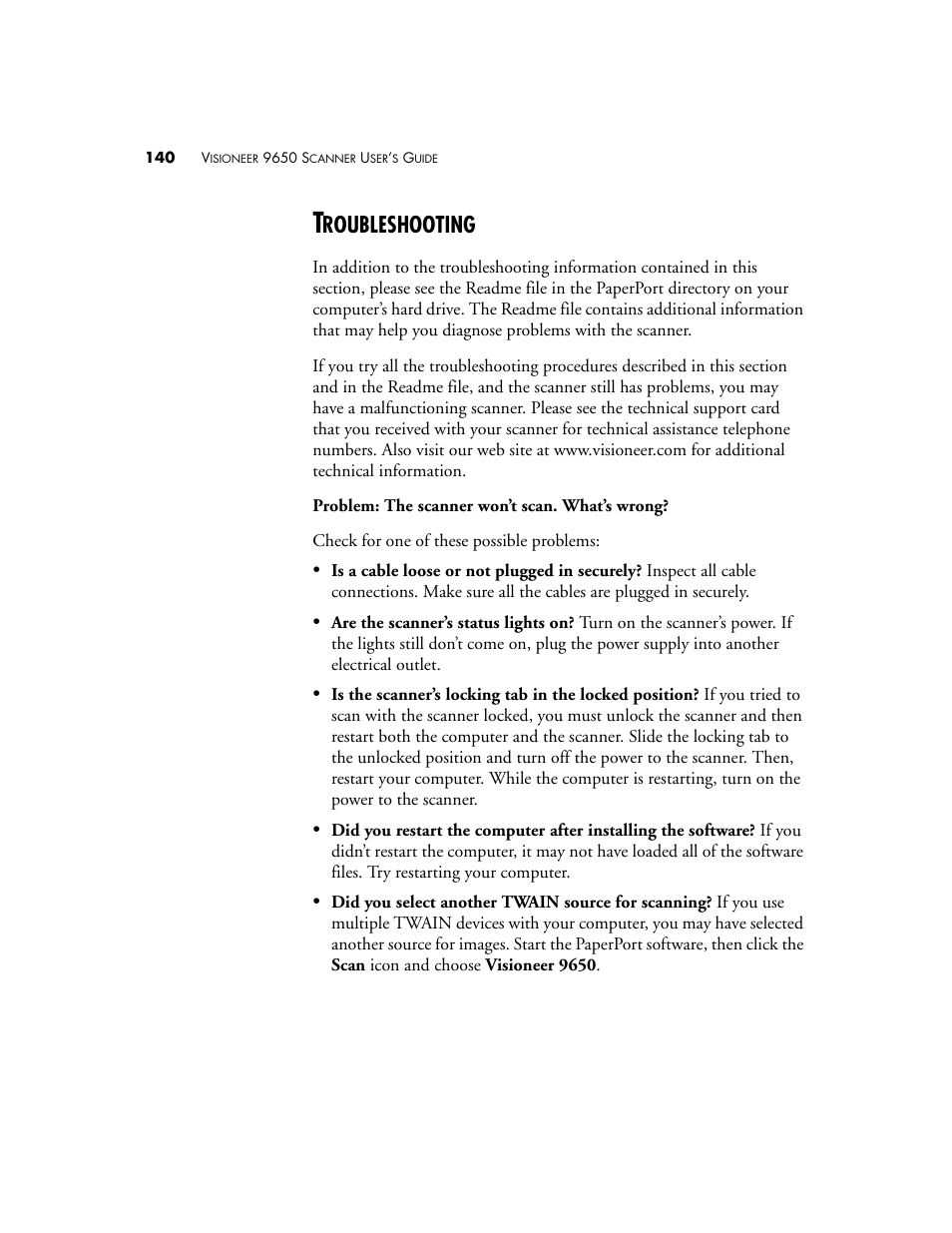 Troubleshooting, Roubleshooting | Visioneer 9650 User Manual | Page 147 / 158