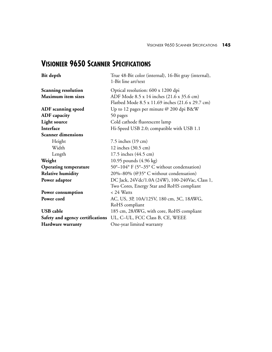 Visioneer 9650 scanner specifications, 9650 s, Isioneer | Canner, Pecifications | Visioneer 9650 User Manual | Page 152 / 158