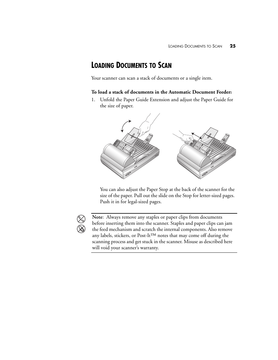 Loading documents to scan, Oading, Ocuments | Visioneer 9650 User Manual | Page 32 / 158