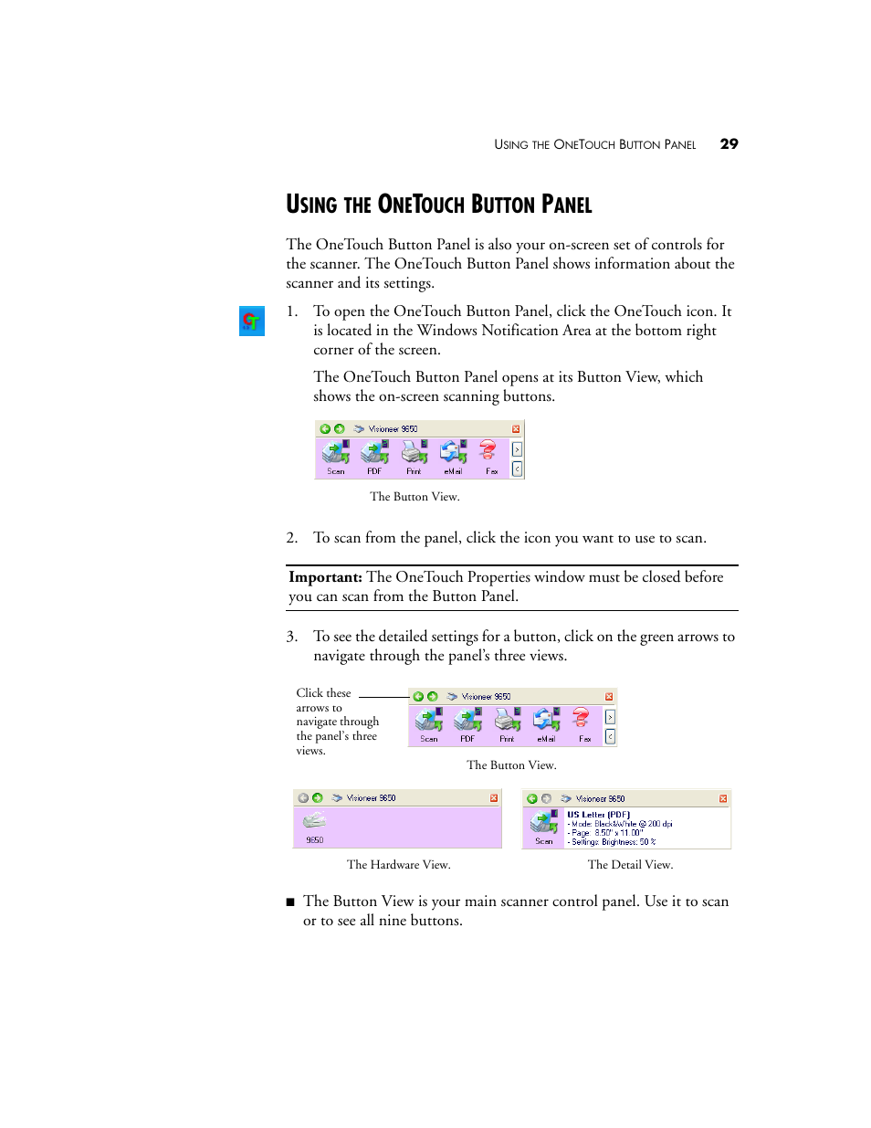 Using the onetouch button panel, Sing, Ouch | Utton, Anel | Visioneer 9650 User Manual | Page 36 / 158