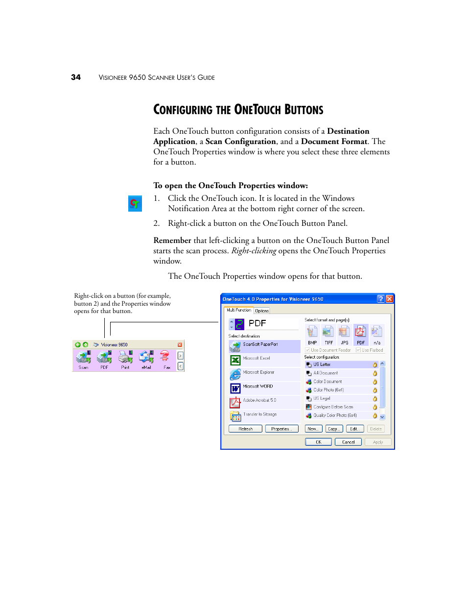 Configuring the onetouch buttons, Onfiguring, Ouch | Uttons | Visioneer 9650 User Manual | Page 41 / 158