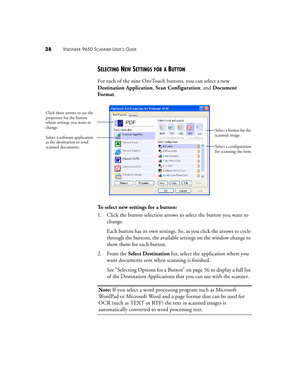 Selecting new settings for a button | Visioneer 9650 User Manual | Page 45 / 158