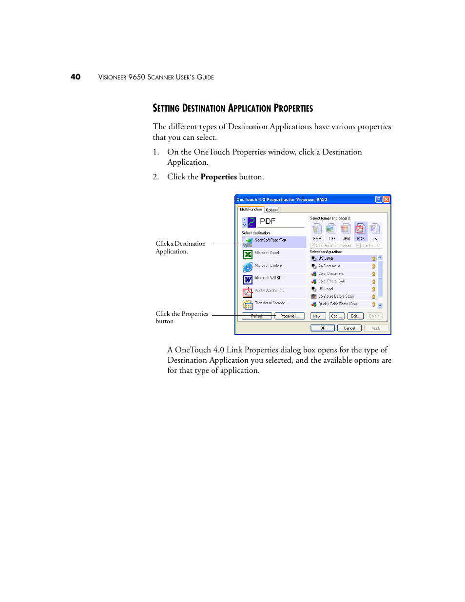 Setting destination application properties | Visioneer 9650 User Manual | Page 47 / 158
