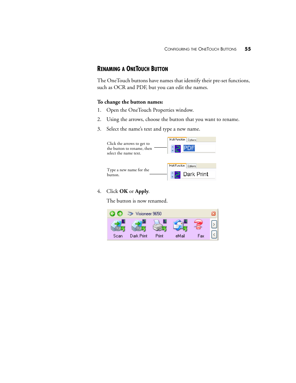 Renaming a onetouch button | Visioneer 9650 User Manual | Page 62 / 158