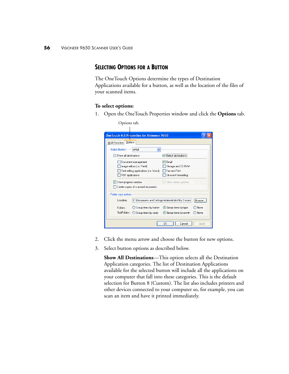 Selecting options for a button | Visioneer 9650 User Manual | Page 63 / 158