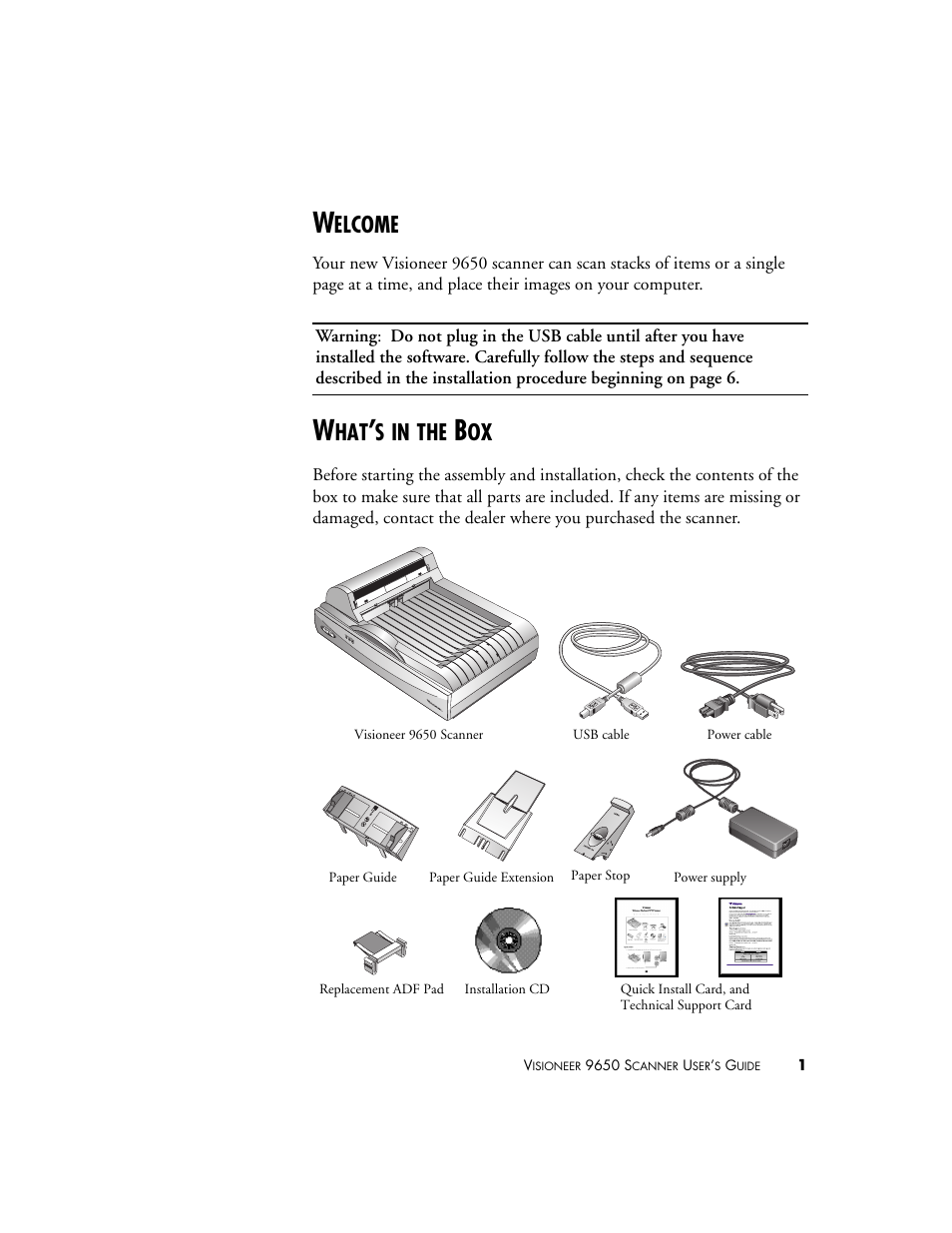 Welcome, What’s in the box, Welcome what’s in the box | Elcome | Visioneer 9650 User Manual | Page 8 / 158