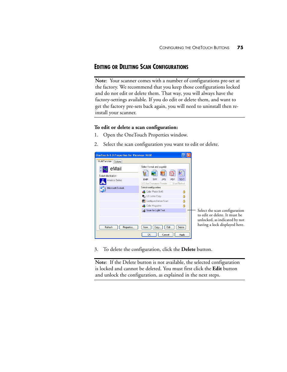 Editing or deleting scan configurations | Visioneer 9650 User Manual | Page 82 / 158