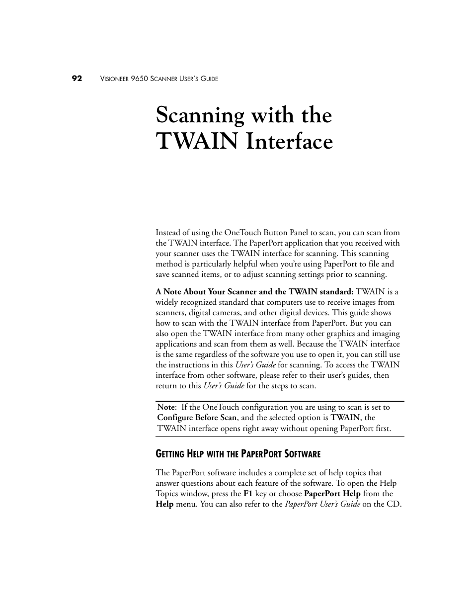 Scanning with the twain interface, Getting help with the paperport software, Twain i | Visioneer 9650 User Manual | Page 99 / 158