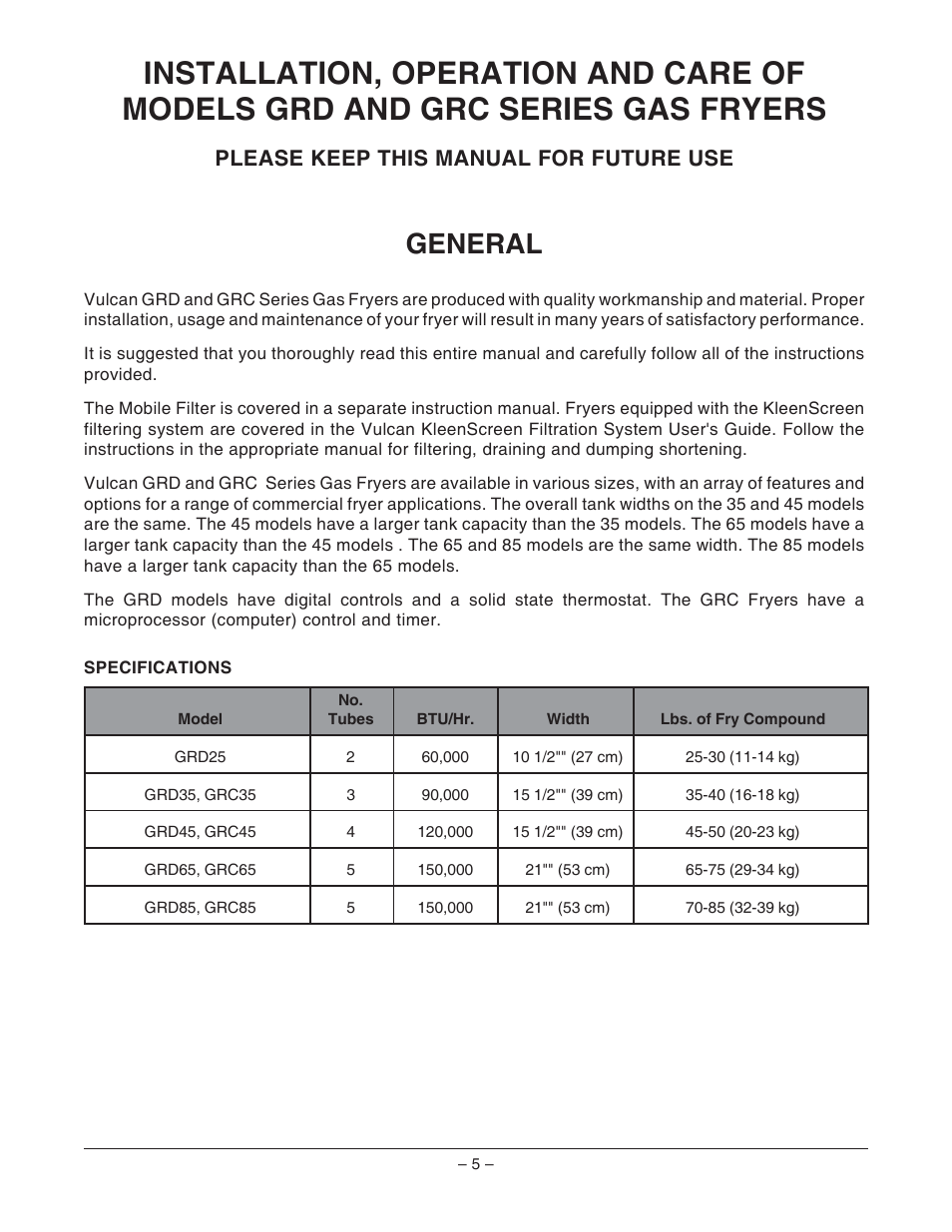 General, Please keep this manual for future use | VULKAN GRD85F ML-126741 User Manual | Page 5 / 36