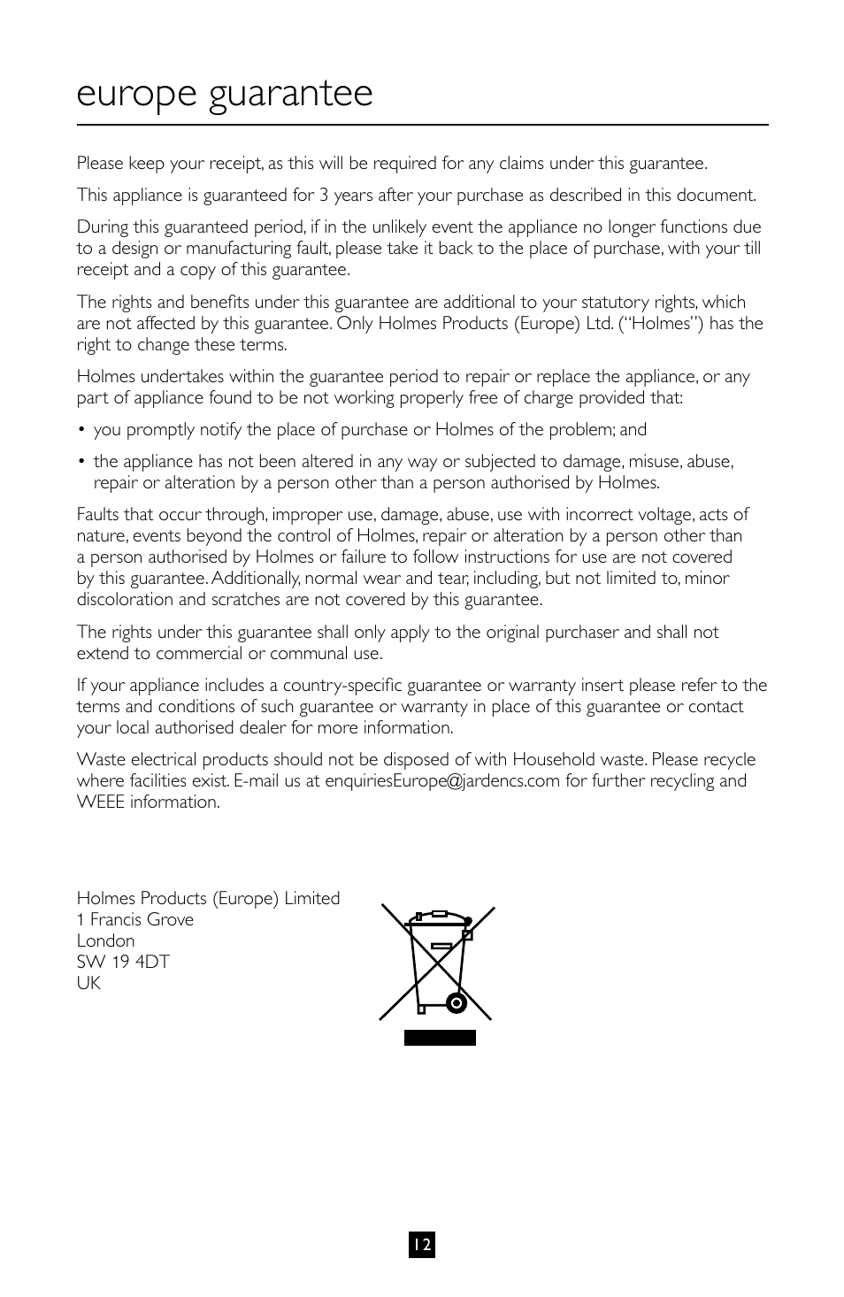 Europe guarantee | Villaware BLVLLAZ05H User Manual | Page 13 / 70