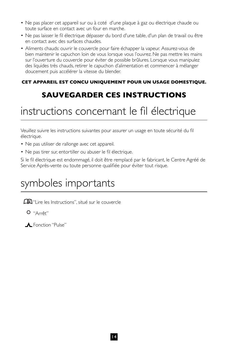 Instructions concernant le fil électrique, Symboles importants, Sauvegarder ces instructions | Villaware BLVLLAZ05H User Manual | Page 15 / 70
