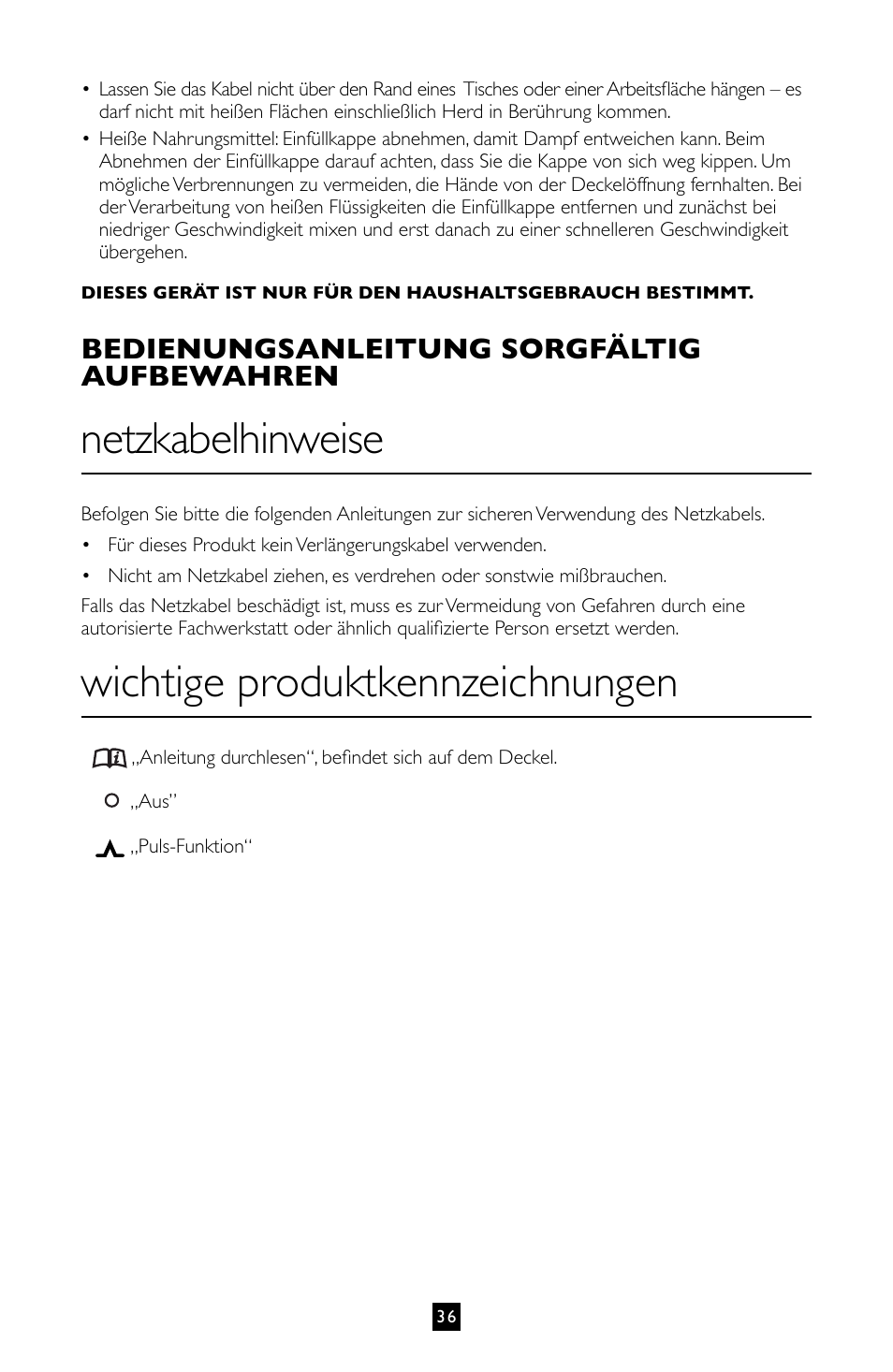 Netzkabelhinweise, Wichtige produktkennzeichnungen, Bedienungsanleitung sorgfältig aufbewahren | Villaware BLVLLAZ05H User Manual | Page 37 / 70