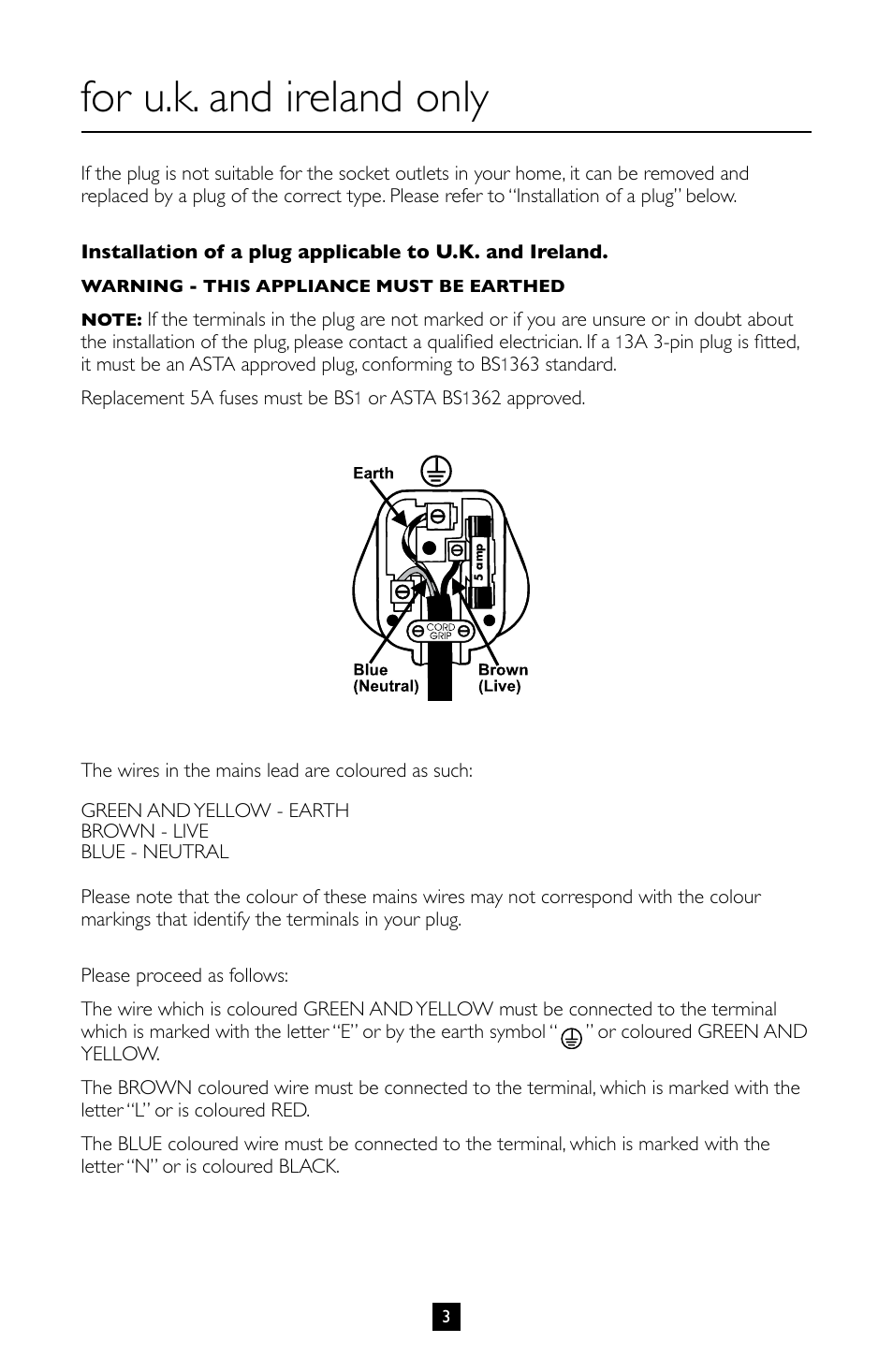 For u.k. and ireland only | Villaware BLVLLAZ05H User Manual | Page 4 / 70