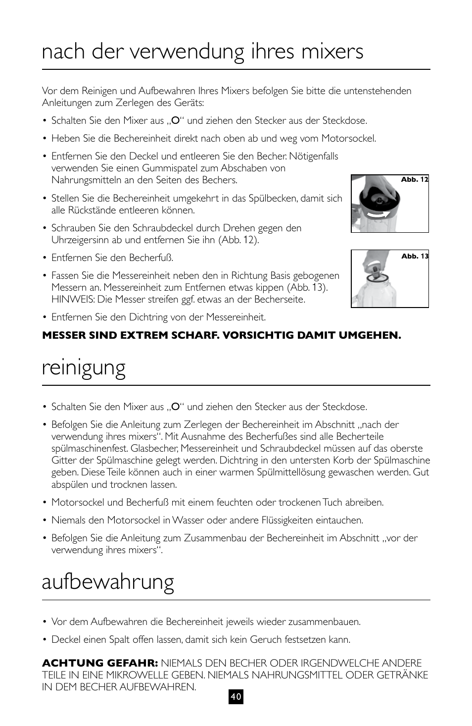 Nach der verwendung ihres mixers, Reinigung, Aufbewahrung | Villaware BLVLLAZ05H User Manual | Page 41 / 70