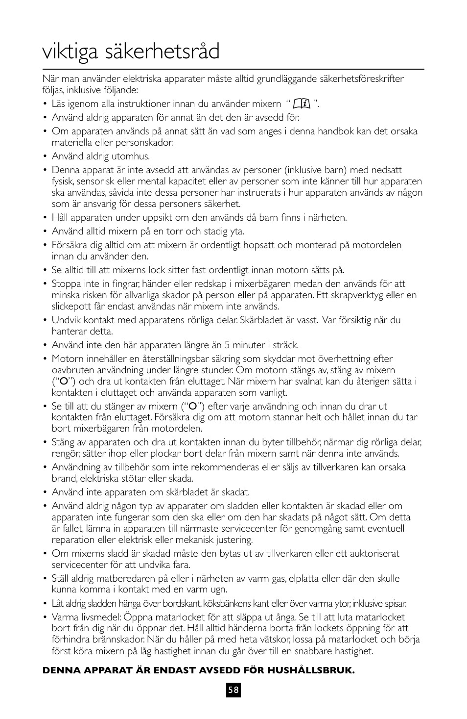 Viktiga säkerhetsråd | Villaware BLVLLAZ05H User Manual | Page 59 / 70