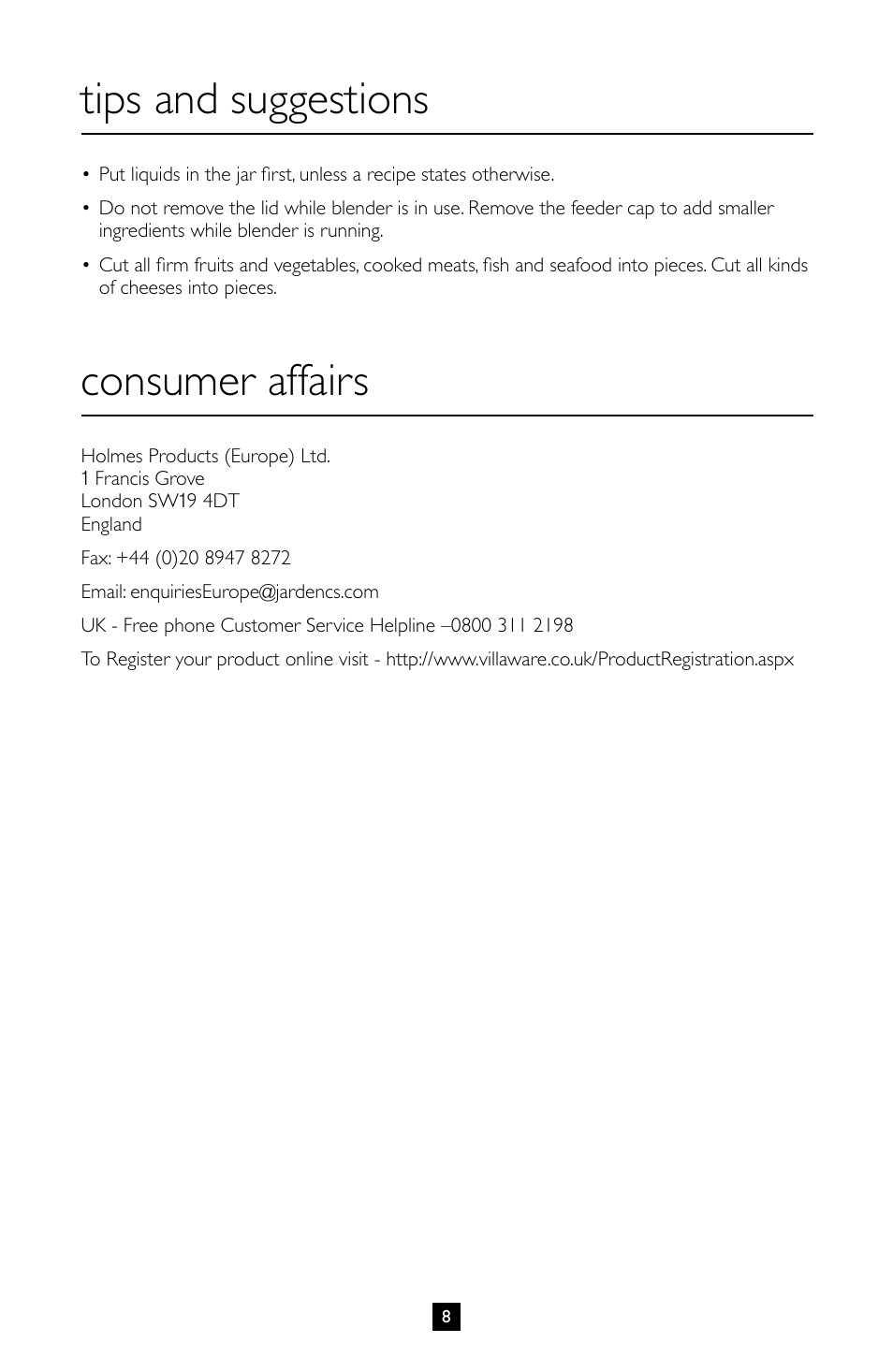 Tips and suggestions, Consumer affairs | Villaware BLVLLAZ05H User Manual | Page 9 / 70