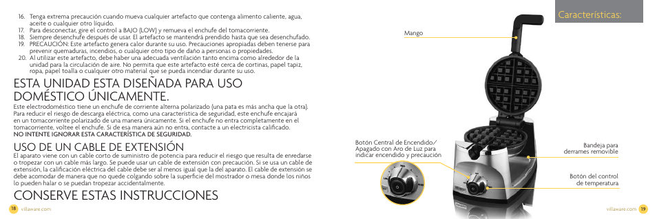 Conserve estas instrucciones, Uso de un cable de extensión, Features | Características | Villaware NDVLWFBFS1 User Manual | Page 11 / 18