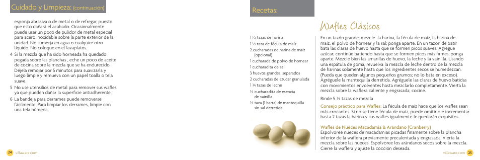 Wafles clásicos, Cuidado y limpieza, Recetas | Villaware NDVLWFBFS1 User Manual | Page 14 / 18