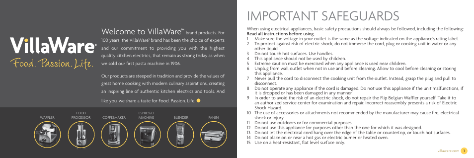 Important safeguards, Welcome to villaware | Villaware NDVLWFBFS1 User Manual | Page 2 / 18