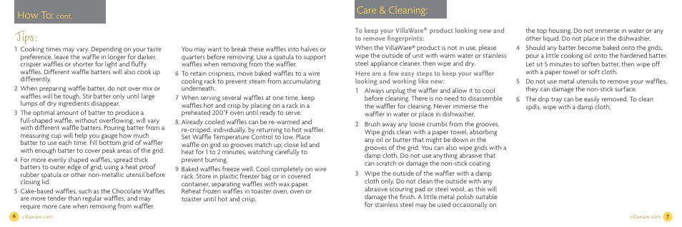 Tips, Care & cleaning, How to | Villaware NDVLWFBFS1 User Manual | Page 5 / 18