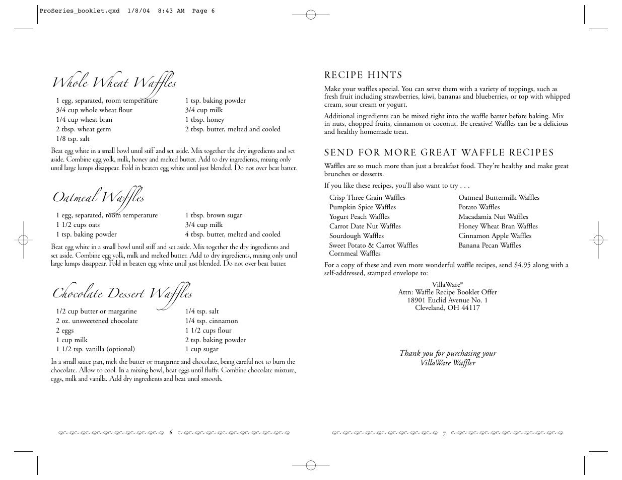 Whole wheat waffles, Oatmeal waffles, Chocolate dessert waffles | Villaware 3200 User Manual | Page 4 / 4
