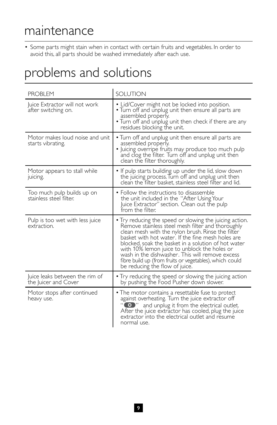 Maintenance, Problems and solutions | Villaware INSTRUCTION MANUAL FPVLJESLO1 User Manual | Page 10 / 82