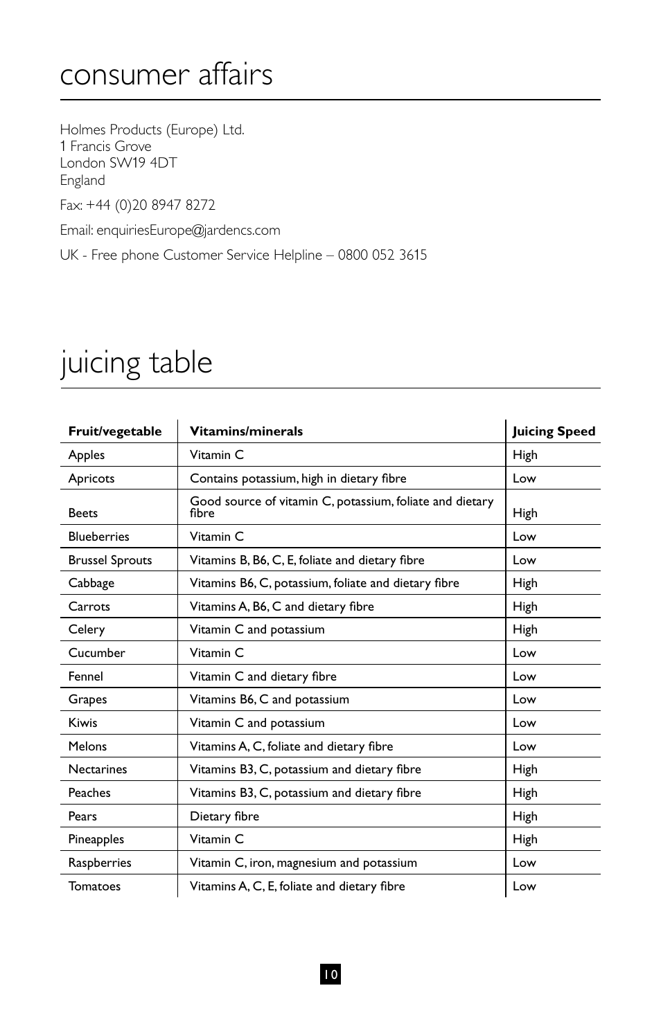 Consumer affairs, Juicing table | Villaware INSTRUCTION MANUAL FPVLJESLO1 User Manual | Page 11 / 82