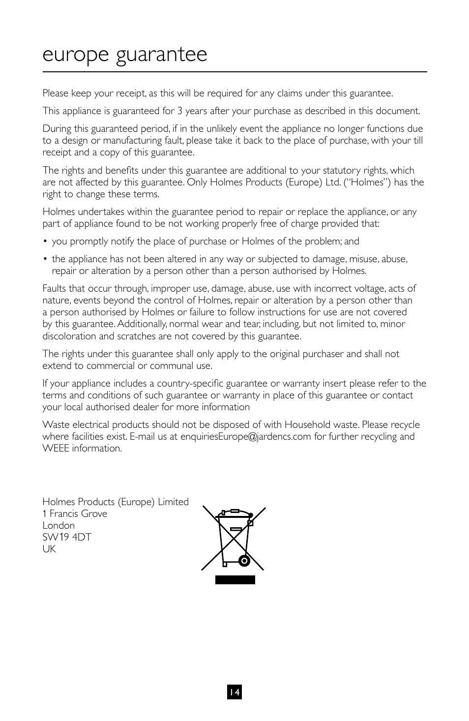 Europe guarantee | Villaware INSTRUCTION MANUAL FPVLJESLO1 User Manual | Page 15 / 82