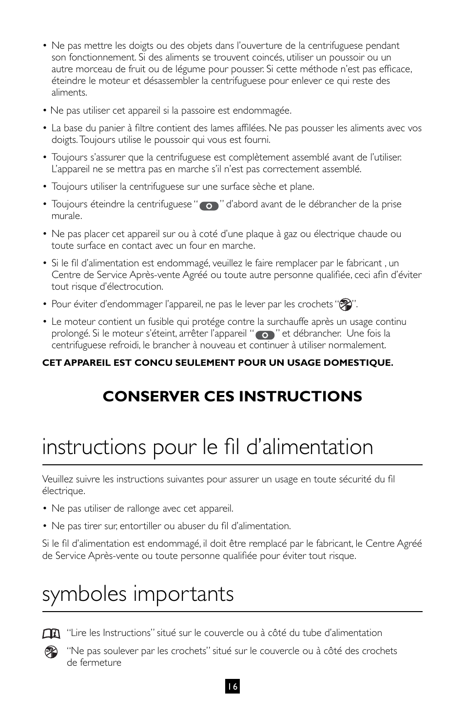 Instructions pour le fil d’alimentation, Symboles importants, Conserver ces instructions | Villaware INSTRUCTION MANUAL FPVLJESLO1 User Manual | Page 17 / 82