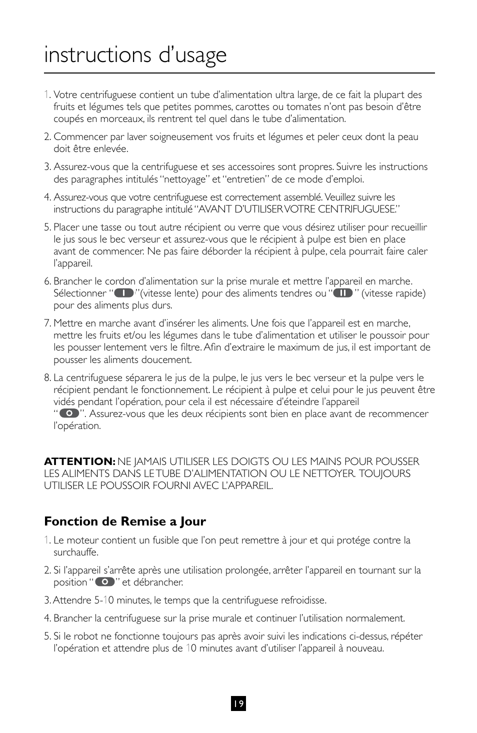 Instructions d’usage, Fonction de remise a jour | Villaware INSTRUCTION MANUAL FPVLJESLO1 User Manual | Page 20 / 82