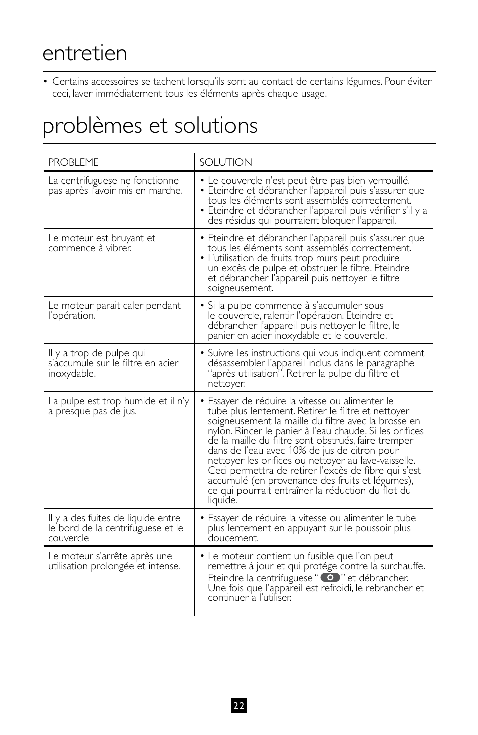 Entretien, Problèmes et solutions | Villaware INSTRUCTION MANUAL FPVLJESLO1 User Manual | Page 23 / 82