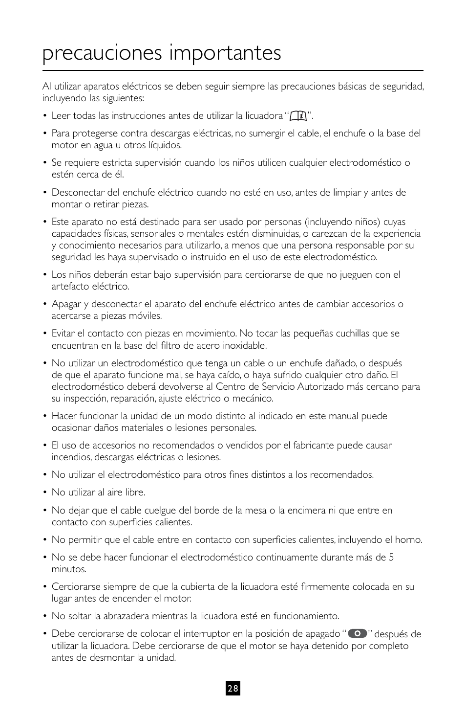 Precauciones importantes | Villaware INSTRUCTION MANUAL FPVLJESLO1 User Manual | Page 29 / 82