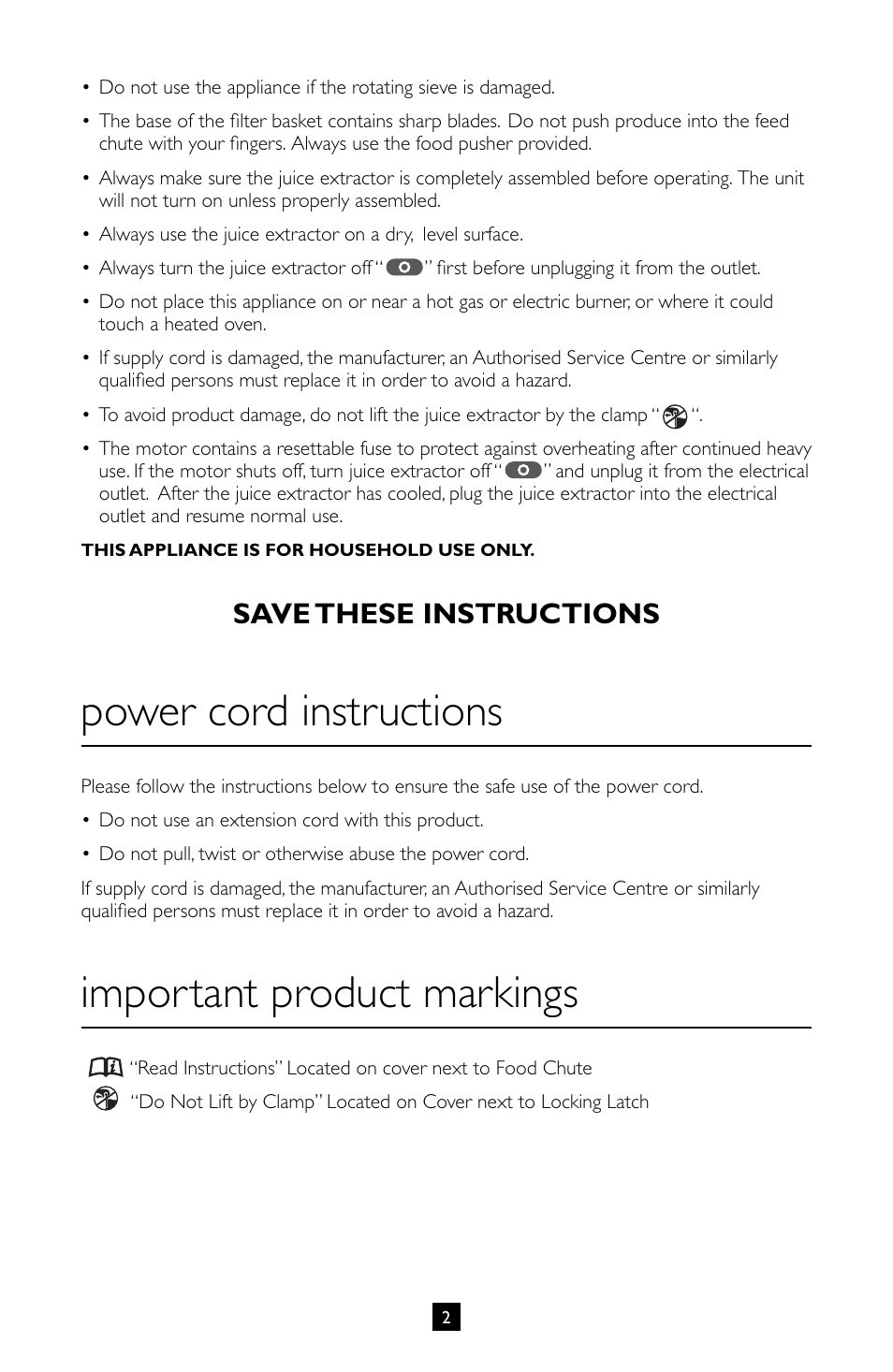 Power cord instructions, Important product markings, Save these instructions | Villaware INSTRUCTION MANUAL FPVLJESLO1 User Manual | Page 3 / 82