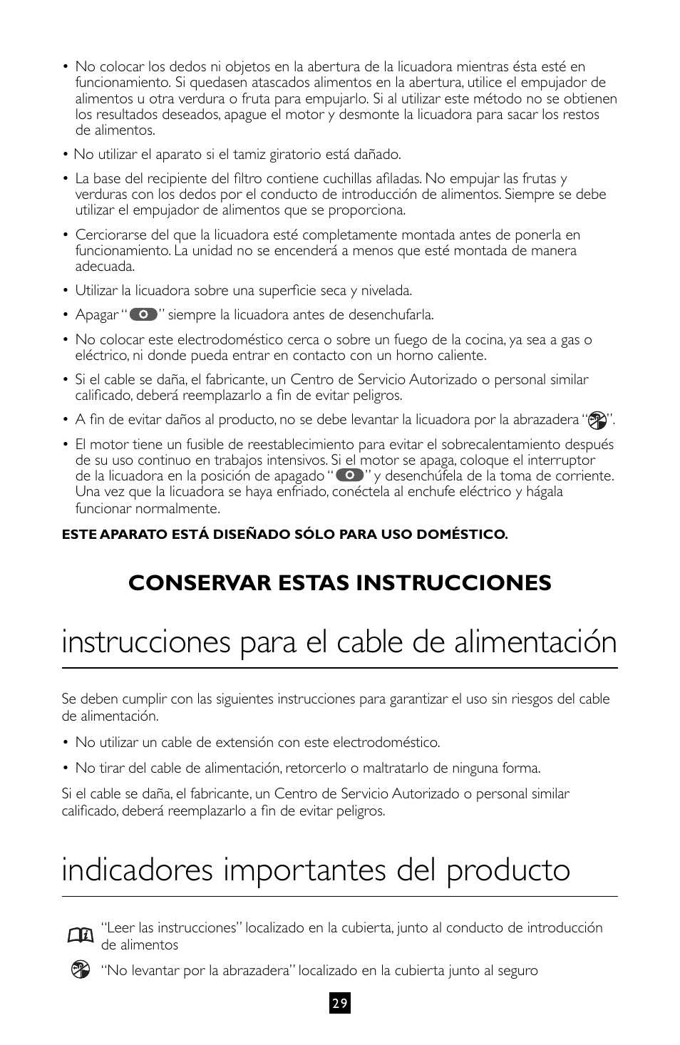 Instrucciones para el cable de alimentación, Indicadores importantes del producto, Conservar estas instrucciones | Villaware INSTRUCTION MANUAL FPVLJESLO1 User Manual | Page 30 / 82