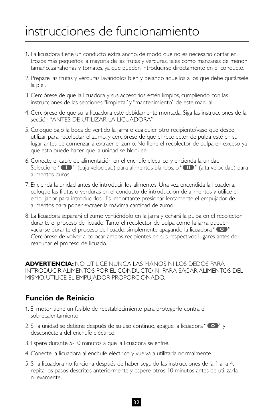 Instrucciones de funcionamiento, Función de reinicio | Villaware INSTRUCTION MANUAL FPVLJESLO1 User Manual | Page 33 / 82