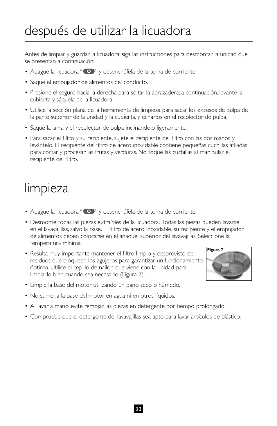 Después de utilizar la licuadora, Limpieza | Villaware INSTRUCTION MANUAL FPVLJESLO1 User Manual | Page 34 / 82