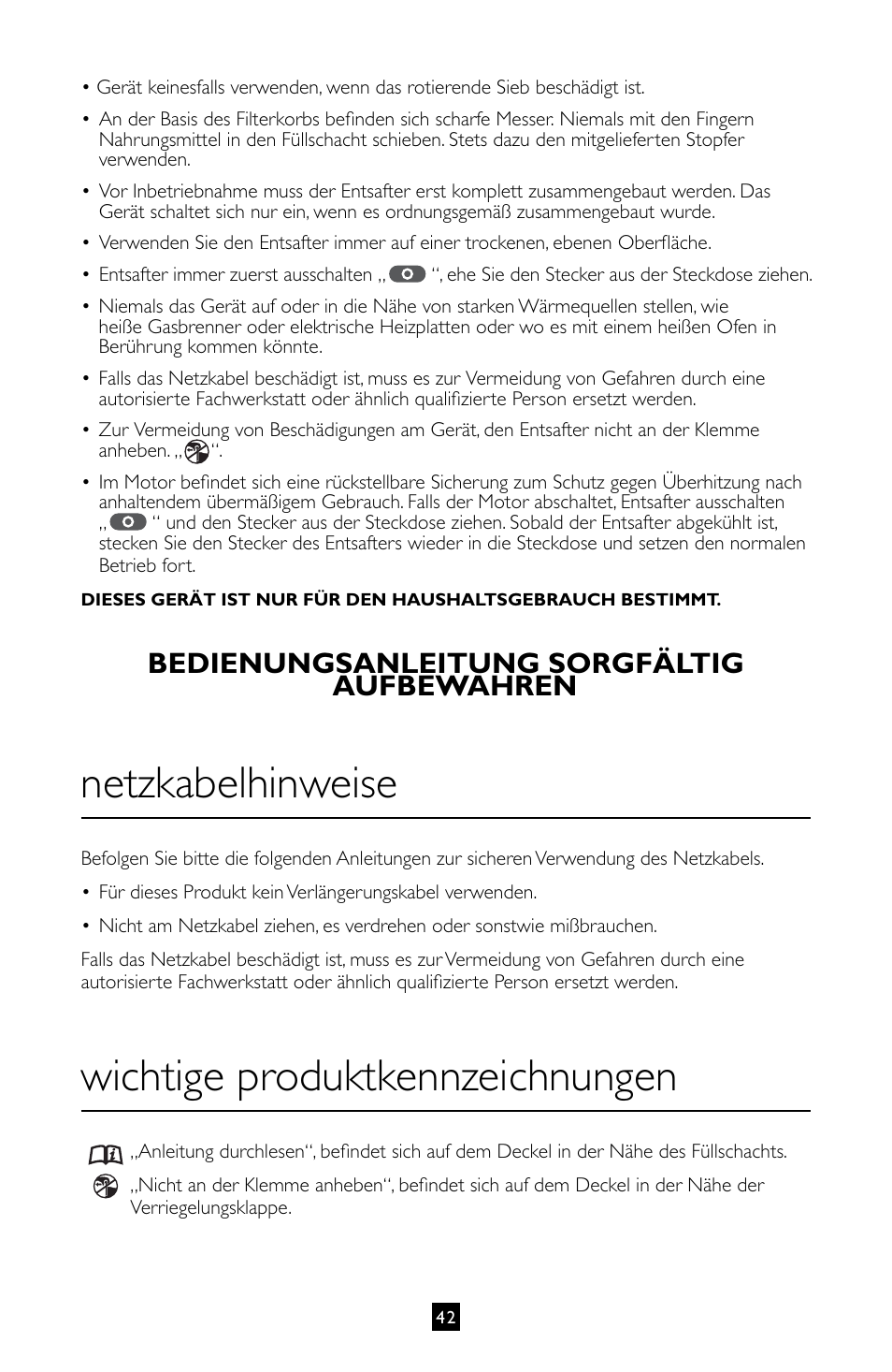 Netzkabelhinweise, Wichtige produktkennzeichnungen, Bedienungsanleitung sorgfältig aufbewahren | Villaware INSTRUCTION MANUAL FPVLJESLO1 User Manual | Page 43 / 82