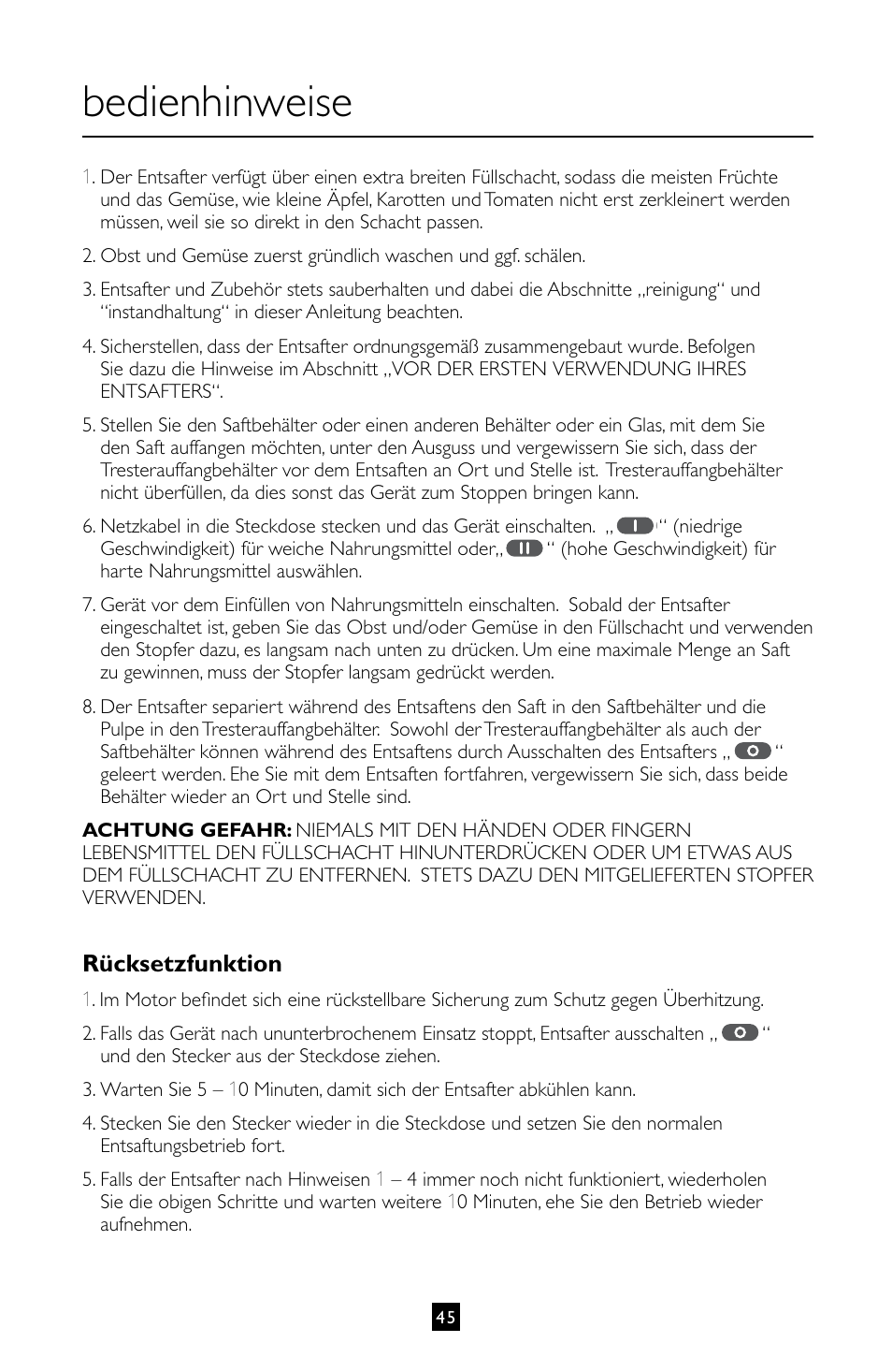 Bedienhinweise, Rücksetzfunktion | Villaware INSTRUCTION MANUAL FPVLJESLO1 User Manual | Page 46 / 82