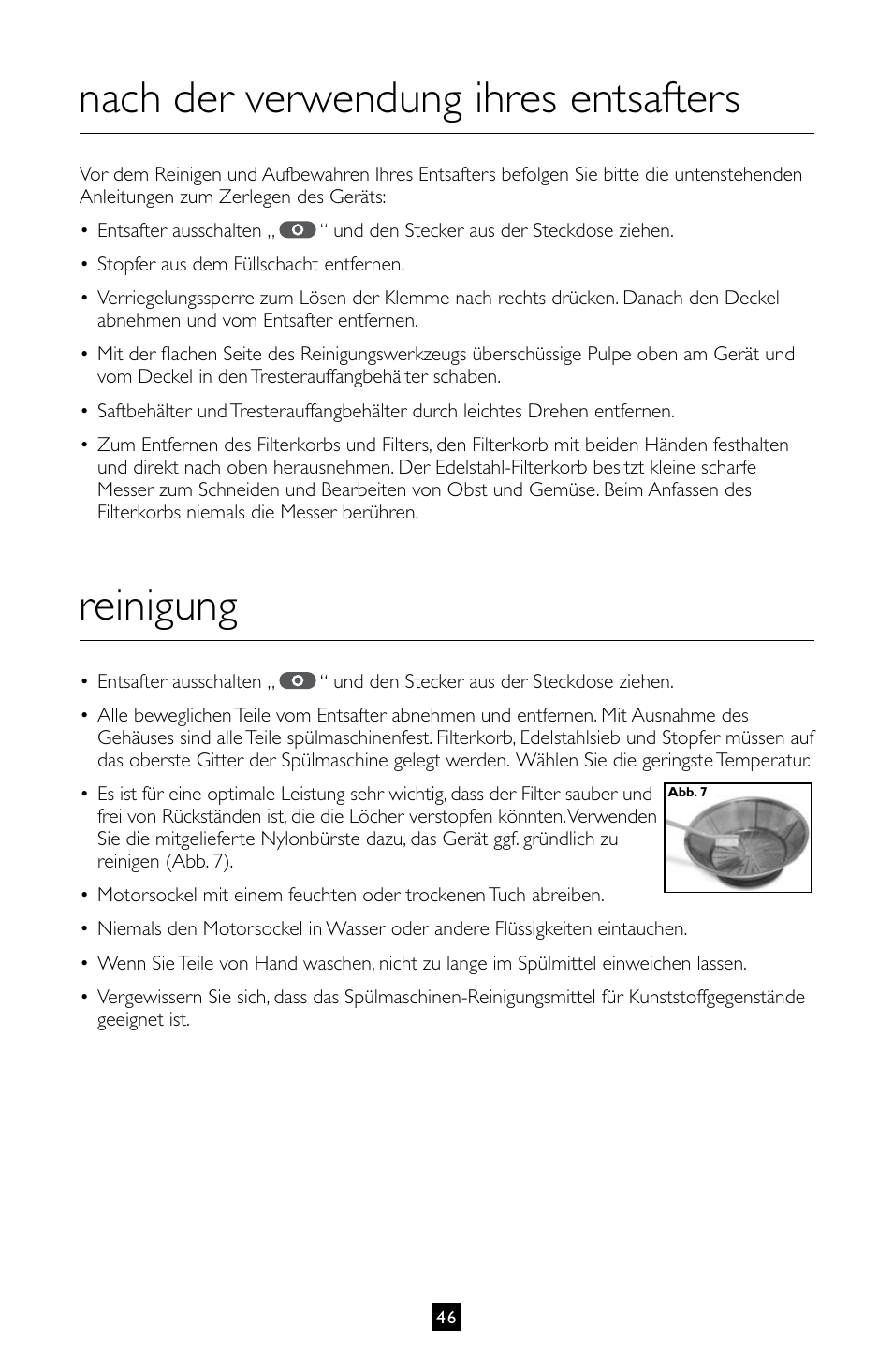 Nach der verwendung ihres entsafters, Reinigung | Villaware INSTRUCTION MANUAL FPVLJESLO1 User Manual | Page 47 / 82