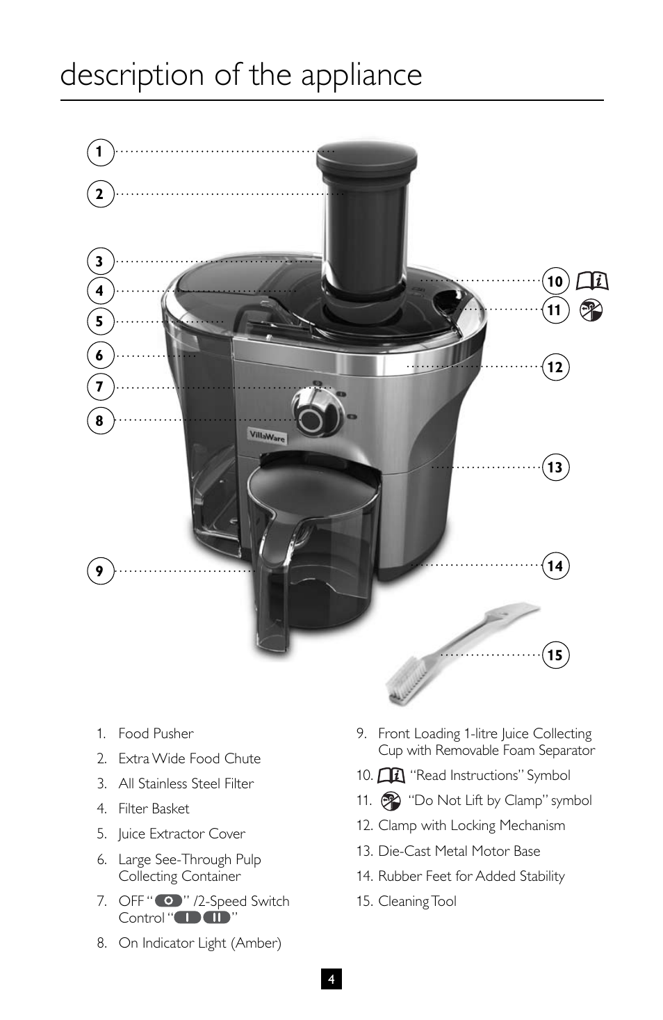 Description of the appliance | Villaware INSTRUCTION MANUAL FPVLJESLO1 User Manual | Page 5 / 82