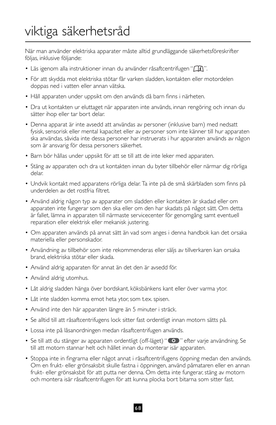 Viktiga säkerhetsråd | Villaware INSTRUCTION MANUAL FPVLJESLO1 User Manual | Page 69 / 82