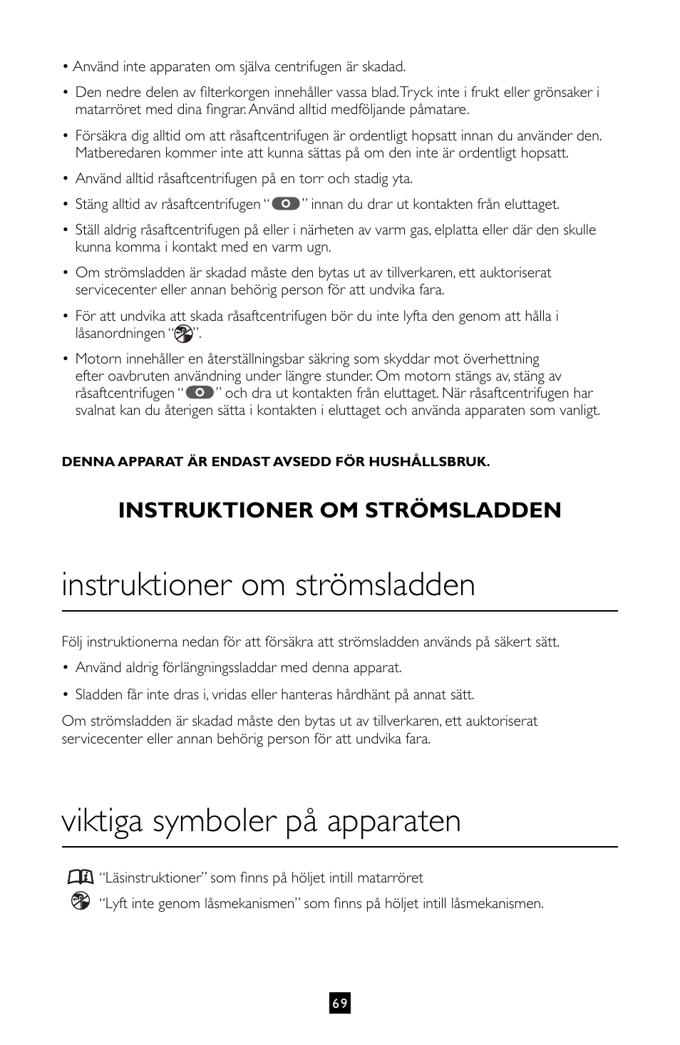 Viktiga symboler på apparaten, Instruktioner om strömsladden | Villaware INSTRUCTION MANUAL FPVLJESLO1 User Manual | Page 70 / 82