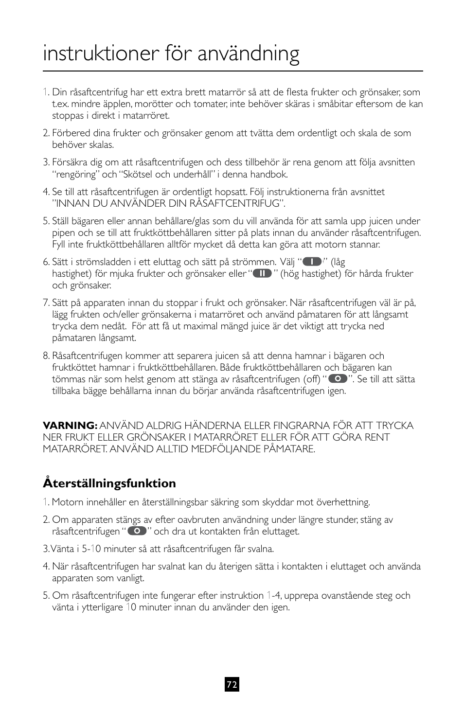 Instruktioner för användning, Återställningsfunktion | Villaware INSTRUCTION MANUAL FPVLJESLO1 User Manual | Page 73 / 82