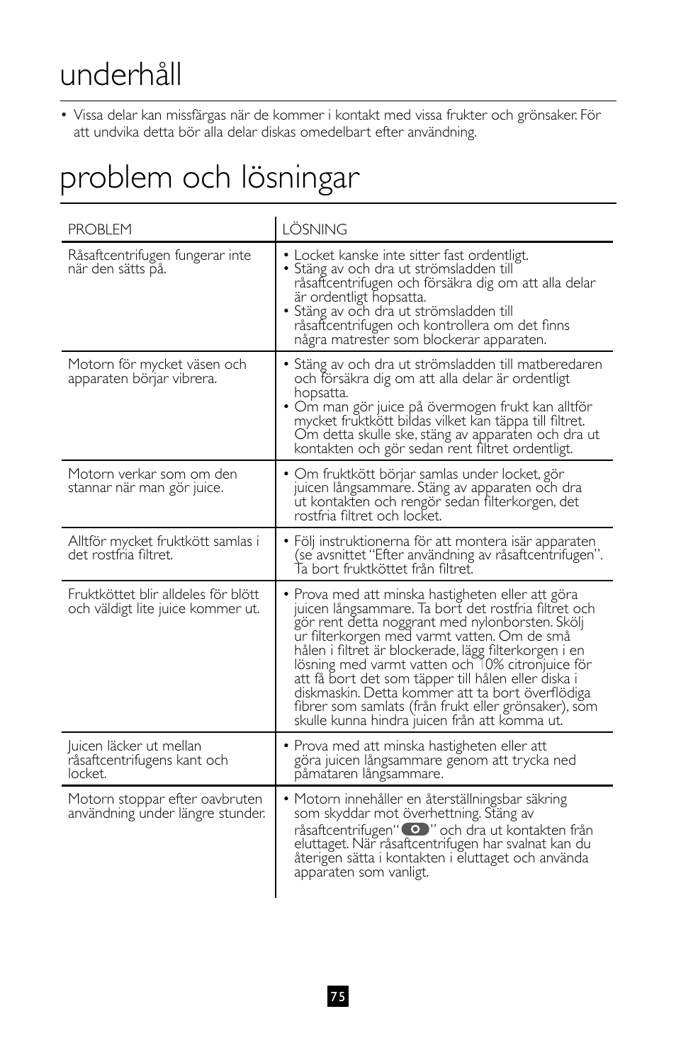 Underhåll, Problem och lösningar | Villaware INSTRUCTION MANUAL FPVLJESLO1 User Manual | Page 76 / 82